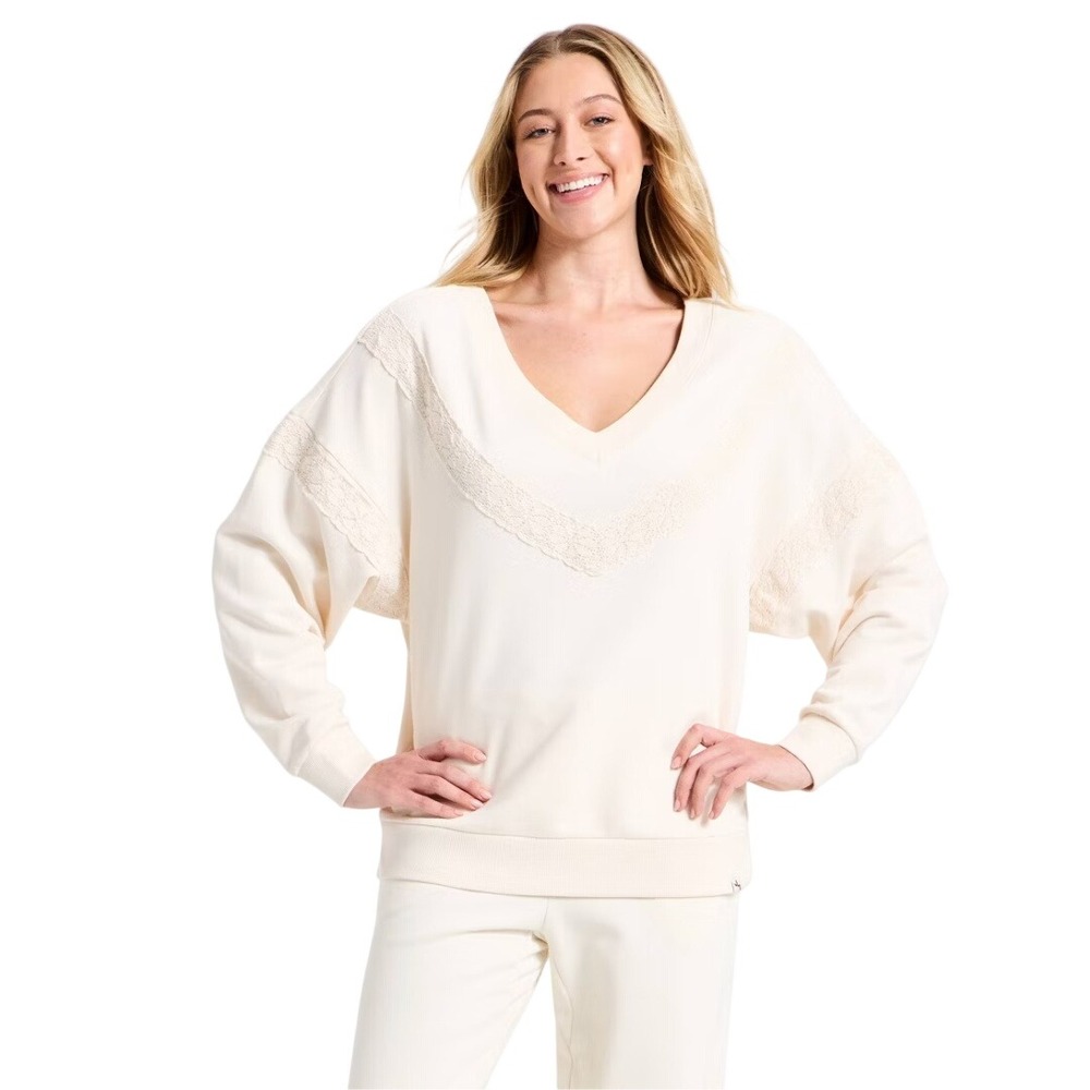 JoyLab‎ Women's Cream Crochet Trim V Neck Pullover Sweatshirt Size Medium